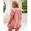 image:imageFlygo Womens Gingham Pajamas Set 2 Piece Cotton Pj Lounge Sets Puff Sleeve Ruffle Babydoll Shirt Shorts Summer OutfitsWatermelon