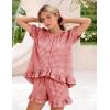 image:imageFlygo Womens Gingham Pajamas Set 2 Piece Cotton Pj Lounge Sets Puff Sleeve Ruffle Babydoll Shirt Shorts Summer OutfitsWatermelon