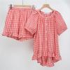 image:imageFlygo Womens Gingham Pajamas Set 2 Piece Cotton Pj Lounge Sets Puff Sleeve Ruffle Babydoll Shirt Shorts Summer OutfitsWatermelon