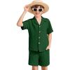 image:imageFlygo Boys Summer 2 Piece Beach Outfits Casual Short Sleeve Button Down Shirts and Shorts Vacation Outfit Textured SetsGreen