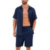 image:imageFlygo Men Cotton Linen Sets Outfits 2 Piece Summer Short Sleeve Shirt and Shorts Set Beach Wear Vacation OutfitNavy
