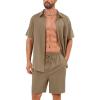 image:imageFlygo Men Cotton Linen Sets Outfits 2 Piece Summer Short Sleeve Shirt and Shorts Set Beach Wear Vacation OutfitShallow Coffee