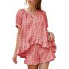 image:imageFlygo Womens Gingham Pajamas Set 2 Piece Cotton Pj Lounge Sets Puff Sleeve Ruffle Babydoll Shirt Shorts Summer OutfitsWatermelon