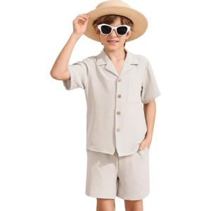 image:imageFlygo Boys Summer 2 Piece Beach Outfits Casual Short Sleeve Button Down Shirts and Shorts Vacation Outfit Textured SetsBeige