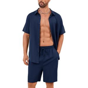 image:imageFlygo Men Cotton Linen Sets Outfits 2 Piece Summer Short Sleeve Shirt and Shorts Set Beach Wear Vacation OutfitNavy
