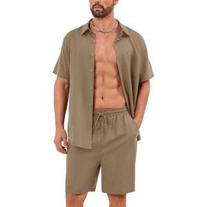 image:imageFlygo Men Cotton Linen Sets Outfits 2 Piece Summer Short Sleeve Shirt and Shorts Set Beach Wear Vacation OutfitShallow Coffee
