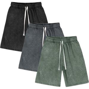 image:imageFlygo Mens 3 Pack Athletic Sweat Shorts Acid Washed Cotton Elastic Waist Drawstring Gym Workout Jogger Pants with PocketsBlackdarkgreyarmygreen