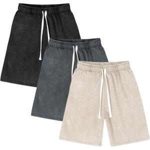 image:imageFlygo Mens 3 Pack Athletic Sweat Shorts Acid Washed Cotton Elastic Waist Drawstring Gym Workout Jogger Pants with PocketsBlackdarkgreybeige