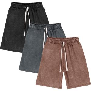 image:imageFlygo Mens 3 Pack Athletic Sweat Shorts Acid Washed Cotton Elastic Waist Drawstring Gym Workout Jogger Pants with PocketsBlackdarkgreycoffee