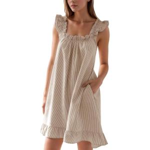 image:imageFlygo Nightgowns for Women Cotton Ruffle Sleepwear House Dresses Striped Sleeveless Night Gown Sleep Dress with PocketsBrown