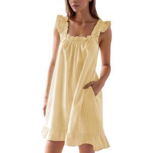image:imageFlygo Nightgowns for Women Cotton Ruffle Sleepwear House Dresses Striped Sleeveless Night Gown Sleep Dress with PocketsYellow