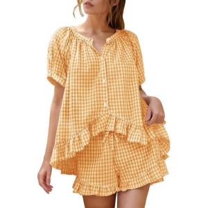 image:imageFlygo Womens Gingham Pajamas Set 2 Piece Cotton Pj Lounge Sets Puff Sleeve Ruffle Babydoll Shirt Shorts Summer OutfitsKumquat
