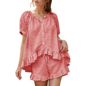 image:imageFlygo Womens Gingham Pajamas Set 2 Piece Cotton Pj Lounge Sets Puff Sleeve Ruffle Babydoll Shirt Shorts Summer OutfitsWatermelon