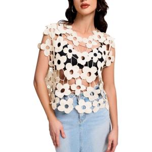 image:imageFlygo Hollow Out Floral Lace Crop Top for Women 2026 Trendy Oversized Sleeveless Crochet Vest Coverup Y2K Going Out TopsBeige