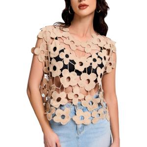 image:imageFlygo Hollow Out Floral Lace Crop Top for Women 2026 Trendy Oversized Sleeveless Crochet Vest Coverup Y2K Going Out TopsKhaki