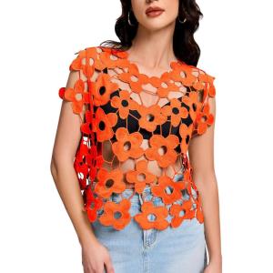 image:imageFlygo Hollow Out Floral Lace Crop Top for Women 2026 Trendy Oversized Sleeveless Crochet Vest Coverup Y2K Going Out TopsOrange