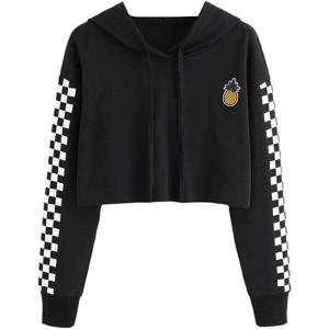 image:imageFlygo Womens Casual Cropped Hoodie Cute Plaid Sweatshirt Pullover Crop Tops for Teen GirlsBlack