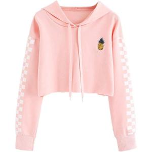 image:imageFlygo Womens Casual Cropped Hoodie Cute Plaid Sweatshirt Pullover Crop Tops for Teen GirlsPink