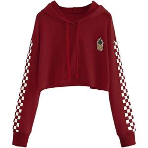 image:imageFlygo Womens Casual Cropped Hoodie Cute Plaid Sweatshirt Pullover Crop Tops for Teen GirlsWine Red