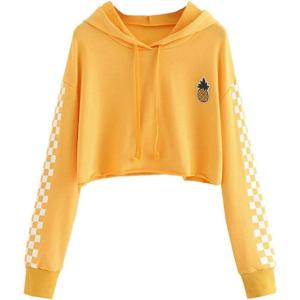 image:imageFlygo Womens Casual Cropped Hoodie Cute Plaid Sweatshirt Pullover Crop Tops for Teen GirlsYellow
