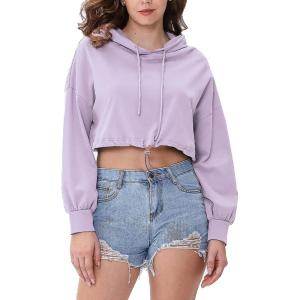 image:imageFlygo Womens Cropped Hoodie Long Sleeve Pullover Hooded Sweatshirt Loose Crop TopPurple