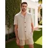 image:imageFlygo Mens 2 Piece Summer Short Sets Beach Vacation Texture Outfits Short Sleeve Button Down Shirts Shorts Loungewear SetKhaki