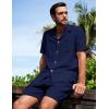 image:imageFlygo Mens 2 Piece Summer Short Sets Beach Vacation Texture Outfits Short Sleeve Button Down Shirts Shorts Loungewear SetNavy