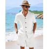 image:imageFlygo Mens 2 Piece Summer Short Sets Beach Vacation Texture Outfits Short Sleeve Button Down Shirts Shorts Loungewear SetWhite