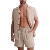 image:imageFlygo Mens 2 Piece Summer Short Sets Beach Vacation Texture Outfits Short Sleeve Button Down Shirts Shorts Loungewear SetKhaki