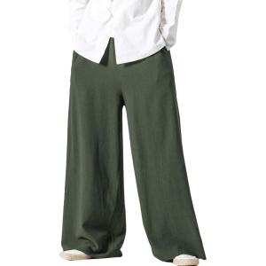 image:imageFlygo Linen Pants Men Casual Wide Leg Baggy Pants Summer Cotton Elastic Waist Yoga Beach TrousersArmy Green