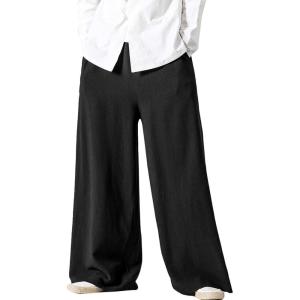 image:imageFlygo Linen Pants Men Casual Wide Leg Baggy Pants Summer Cotton Elastic Waist Yoga Beach TrousersBlack