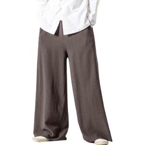 image:imageFlygo Linen Pants Men Casual Wide Leg Baggy Pants Summer Cotton Elastic Waist Yoga Beach TrousersBrown