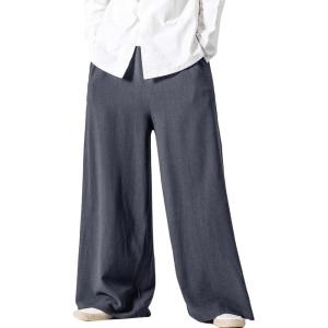 image:imageFlygo Linen Pants Men Casual Wide Leg Baggy Pants Summer Cotton Elastic Waist Yoga Beach TrousersGrey