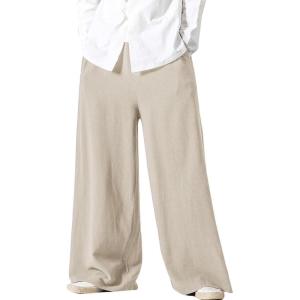 image:imageFlygo Linen Pants Men Casual Wide Leg Baggy Pants Summer Cotton Elastic Waist Yoga Beach TrousersKhaki