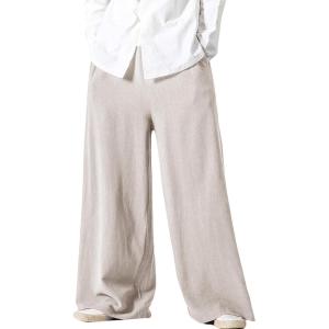image:imageFlygo Linen Pants Men Casual Wide Leg Baggy Pants Summer Cotton Elastic Waist Yoga Beach TrousersLight Khaki
