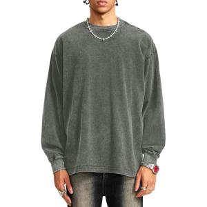 image:imageFlygo Mens Oversized Sweatshirts Athletic Acid Washed Cotton Crewneck Long Sleeve Shirts Vintage Unisex Tee TopsArmygreen