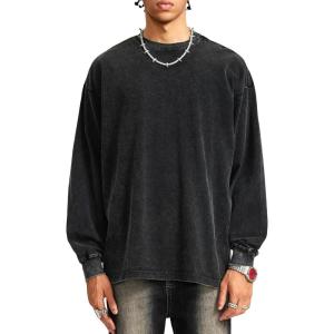 image:imageFlygo Mens Oversized Sweatshirts Athletic Acid Washed Cotton Crewneck Long Sleeve Shirts Vintage Unisex Tee TopsBlack