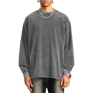image:imageFlygo Mens Oversized Sweatshirts Athletic Acid Washed Cotton Crewneck Long Sleeve Shirts Vintage Unisex Tee TopsGrey