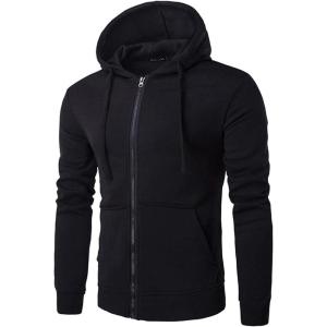 image:imageFlygo Mens Solid Fitted Full Zip Up Hooded Sweatshirt with PocketsBlack