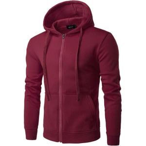 image:imageFlygo Mens Solid Fitted Full Zip Up Hooded Sweatshirt with PocketsWine Red