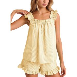 image:imageFlygo Striped Pajamas Set for Women Cotton 2 Piece Lounge Sets Ruffle Cami Top and Shorts Cute Summer Pj SleepwearYellow