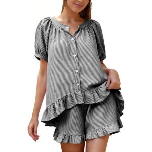 image:imageFlygo Pajamas Set for Women 2 Piece Cotton Striped Pj Lounge Sets Ruffle Puff Sleeve Babydoll Top Shorts Y2k Outfit SleepwearBlack