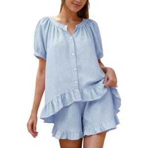 image:imageFlygo Pajamas Set for Women 2 Piece Cotton Striped Pj Lounge Sets Ruffle Puff Sleeve Babydoll Top Shorts Y2k Outfit SleepwearBlue