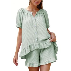 image:imageFlygo Pajamas Set for Women 2 Piece Cotton Striped Pj Lounge Sets Ruffle Puff Sleeve Babydoll Top Shorts Y2k Outfit SleepwearGreen