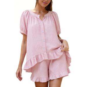 image:imageFlygo Pajamas Set for Women 2 Piece Cotton Striped Pj Lounge Sets Ruffle Puff Sleeve Babydoll Top Shorts Y2k Outfit SleepwearPink