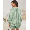 image:imageFlygo Women Gingham 2 Piece Pajama Sets Y2K Plaid Ruffle Short Sets Raglan Sleeve Shirt Lounge Shorts Sleepwear with PocketsGreen