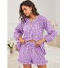 image:imageFlygo Women Gingham 2 Piece Pajama Sets Y2K Plaid Ruffle Short Sets Raglan Sleeve Shirt Lounge Shorts Sleepwear with PocketsPurple