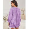 image:imageFlygo Women Gingham 2 Piece Pajama Sets Y2K Plaid Ruffle Short Sets Raglan Sleeve Shirt Lounge Shorts Sleepwear with PocketsPurple