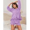 image:imageFlygo Women Gingham 2 Piece Pajama Sets Y2K Plaid Ruffle Short Sets Raglan Sleeve Shirt Lounge Shorts Sleepwear with PocketsPurple
