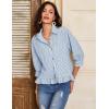 image:imageFlygo Womens 34 Sleeve Striped Button Down Shirts Cropped Ruffle Hem Casual Collared Drop Shoulder Cotton Blouse Summer TopsSubtleblue